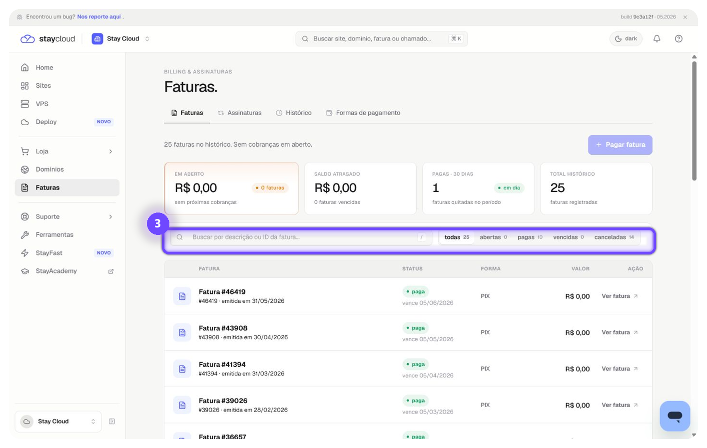 consultar faturas StayCloud usando busca e filtros