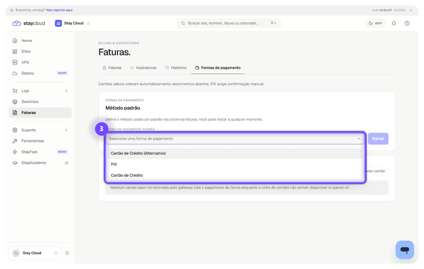adicionar cartão StayCloud pelo método padrão de pagamento