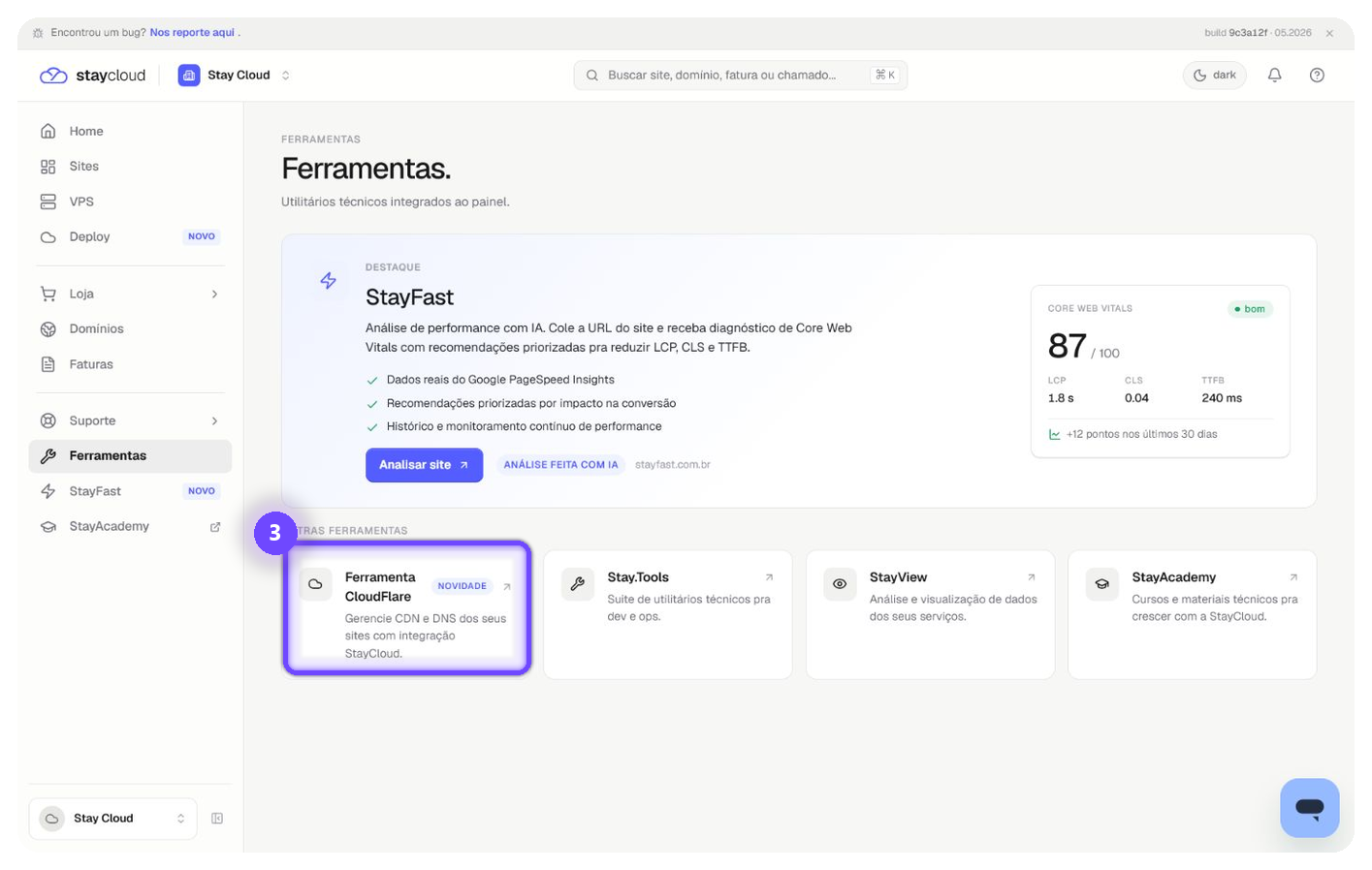 ferramentas painel StayCloud em cards de utilitários