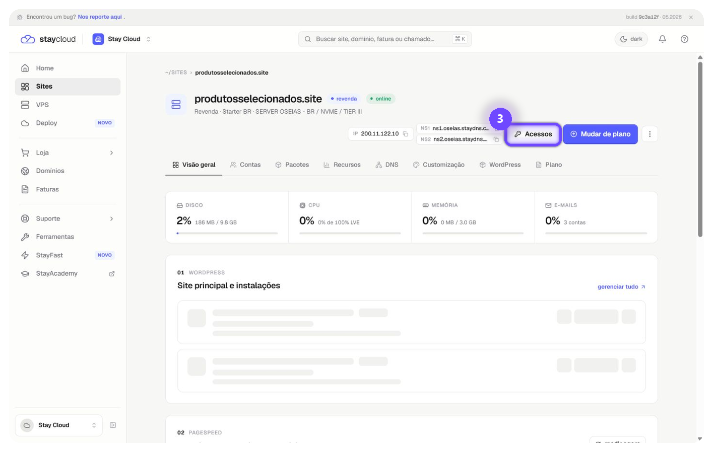 localizar acessos StayCloud pelo botão Acessos