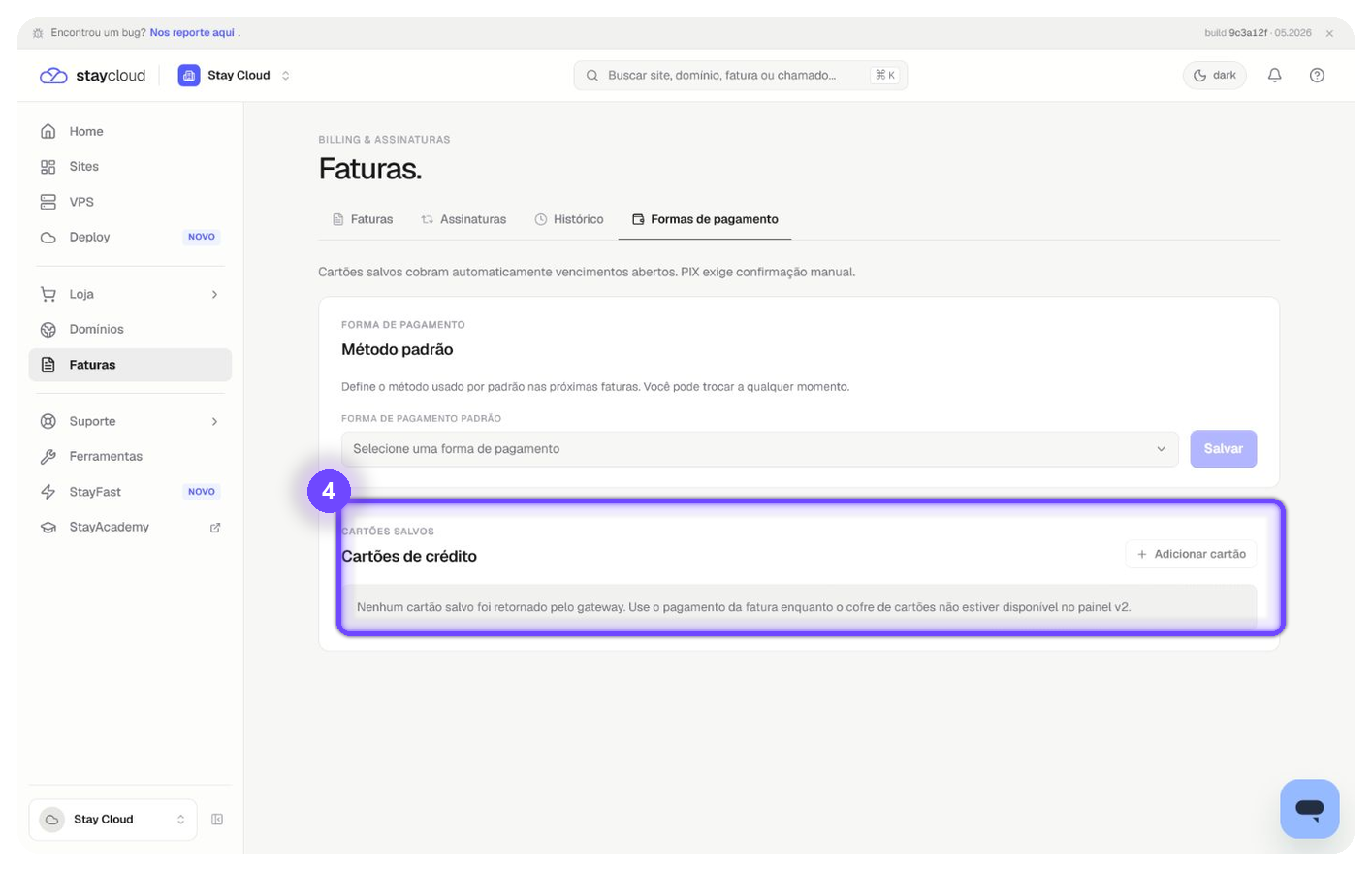 adicionar cartão StayCloud na seção Cartões de crédito