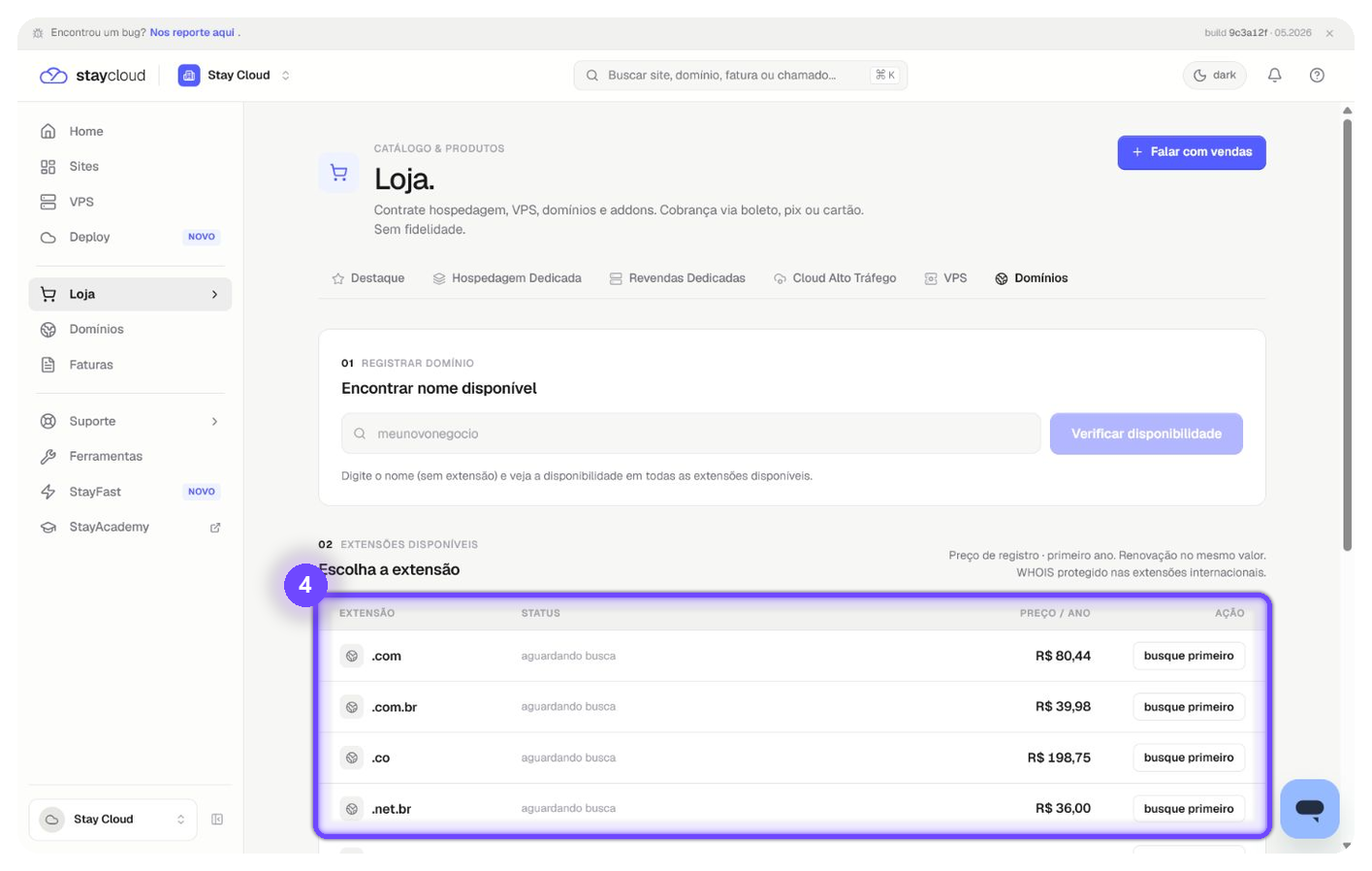 comprar domínio StayCloud escolhendo extensão
