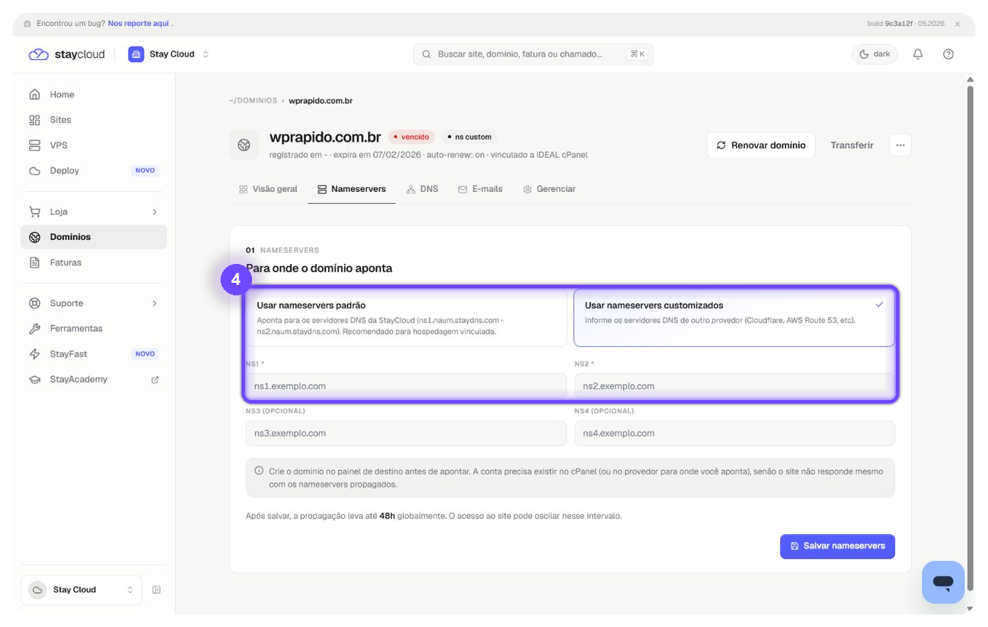 alterar nameservers StayCloud preenchendo servidores DNS