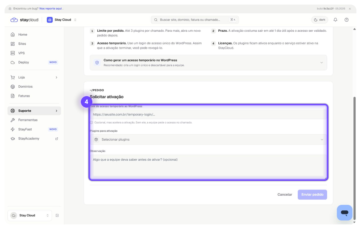 solicitar plugin premium StayCloud preenchendo formulário
