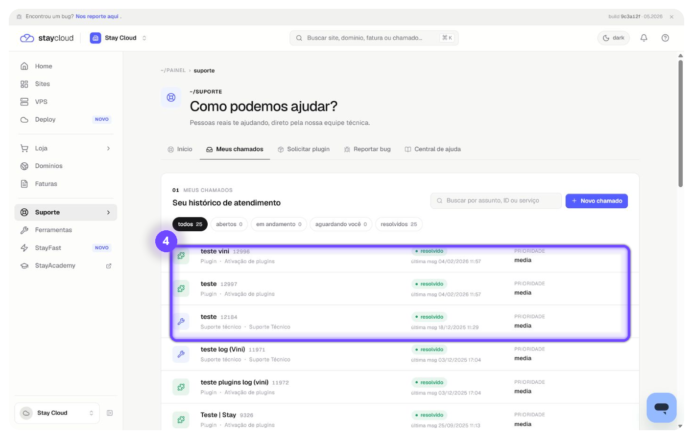 acompanhar chamados StayCloud pela lista de atendimentos