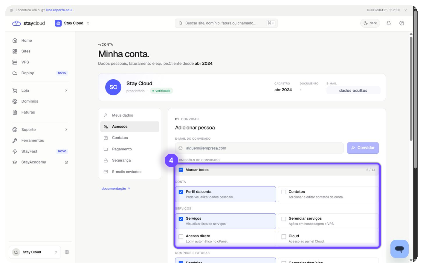 adicionar colaborador StayCloud revisando permissões