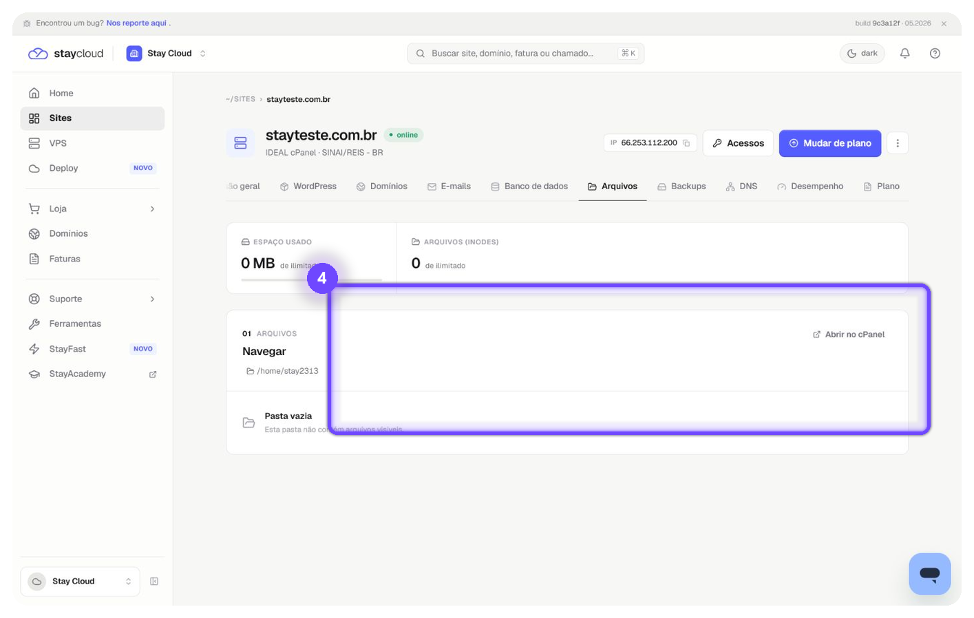 localizar arquivos StayCloud na seção Arquivos