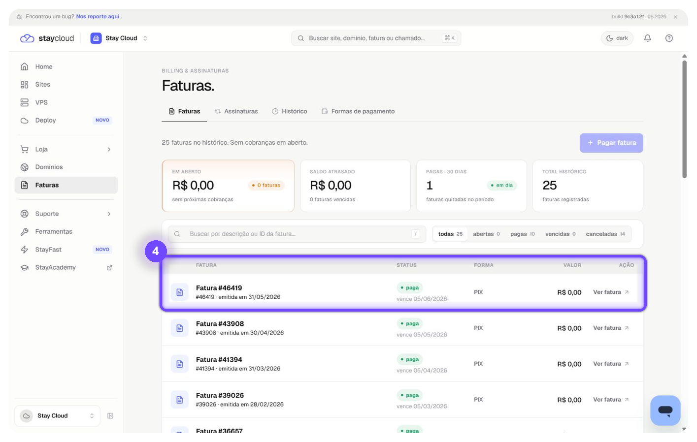 consultar faturas StayCloud abrindo detalhes da fatura