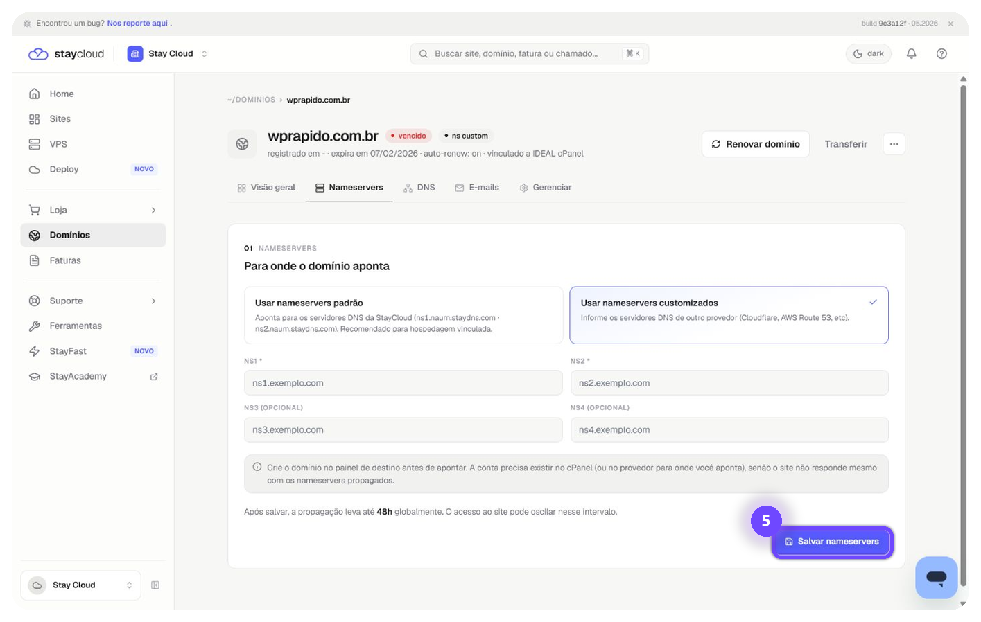alterar nameservers StayCloud salvando alteração