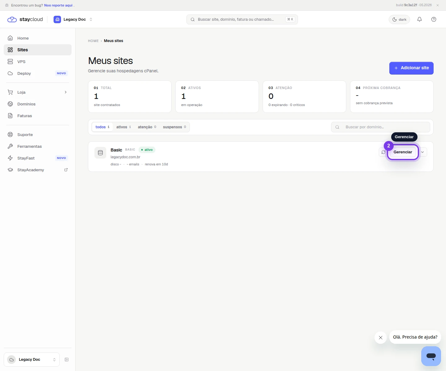 Tela Meus sites da StayCloud para como acessar o cPanel no painel novo da StayCloud, com o botão Gerenciar destacado