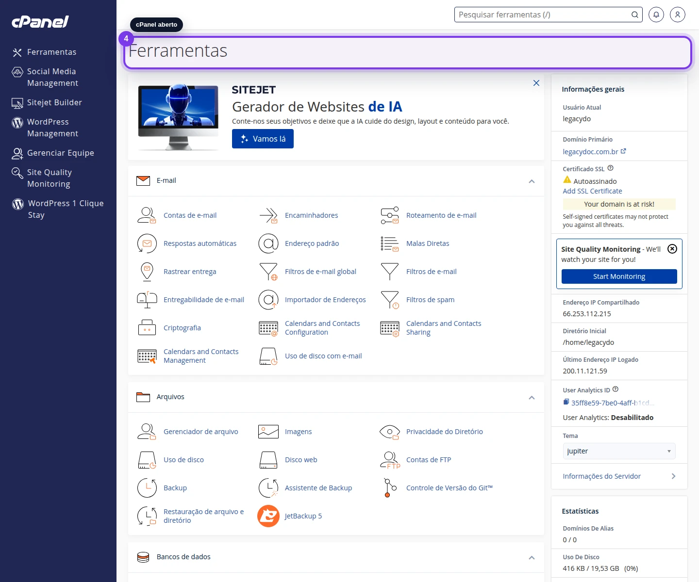 Como acessar o cPanel no painel novo da StayCloud: cPanel aberto com a área Ferramentas em destaque