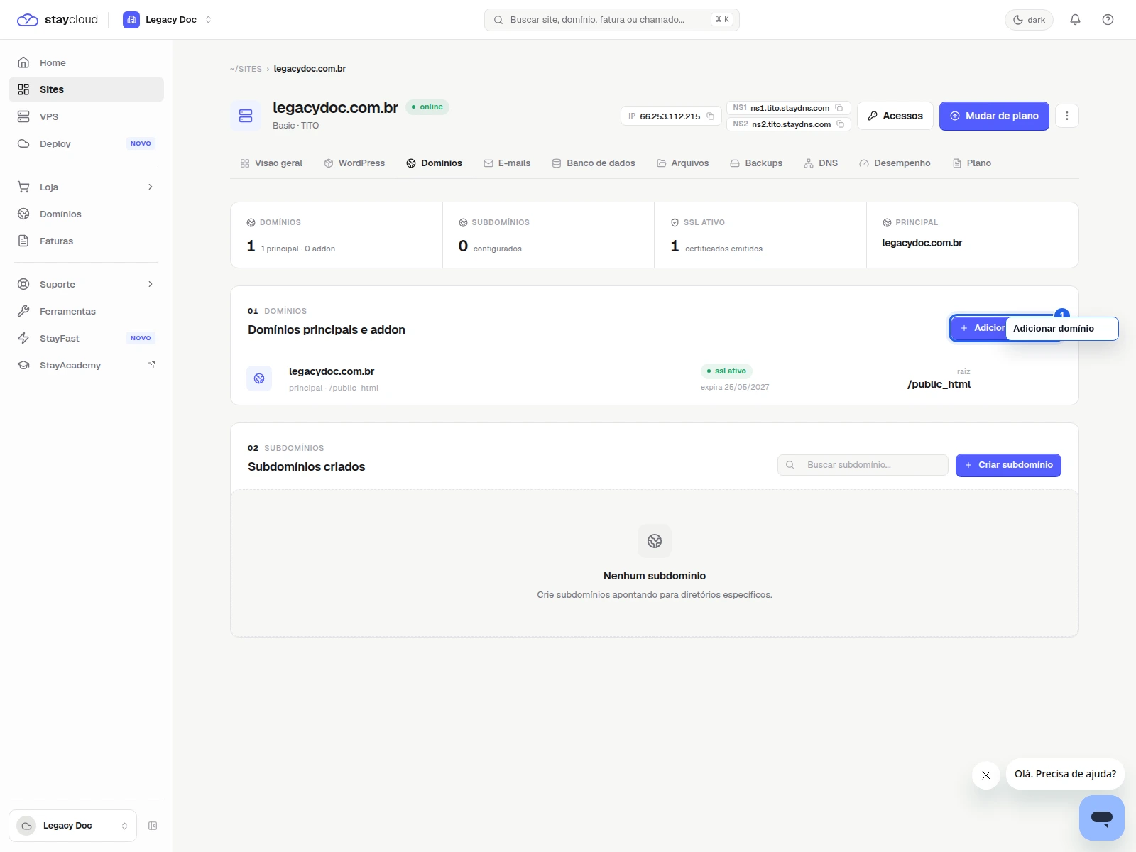 Como adicionar um domínio no StayPanel: botão Adicionar domínio na aba Domínios