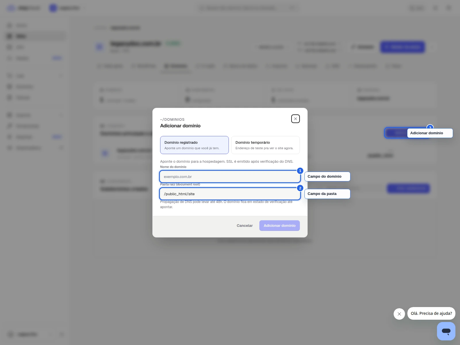 Como adicionar um domínio no StayPanel: modal de adição de domínio no painel