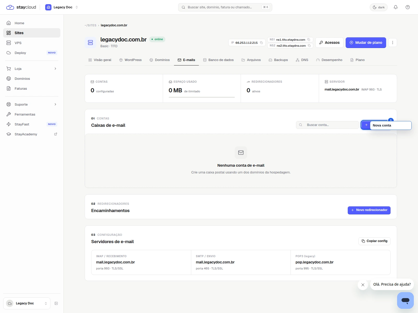 Como criar uma conta de e-mail no StayPanel: botão Nova conta na aba E-mails