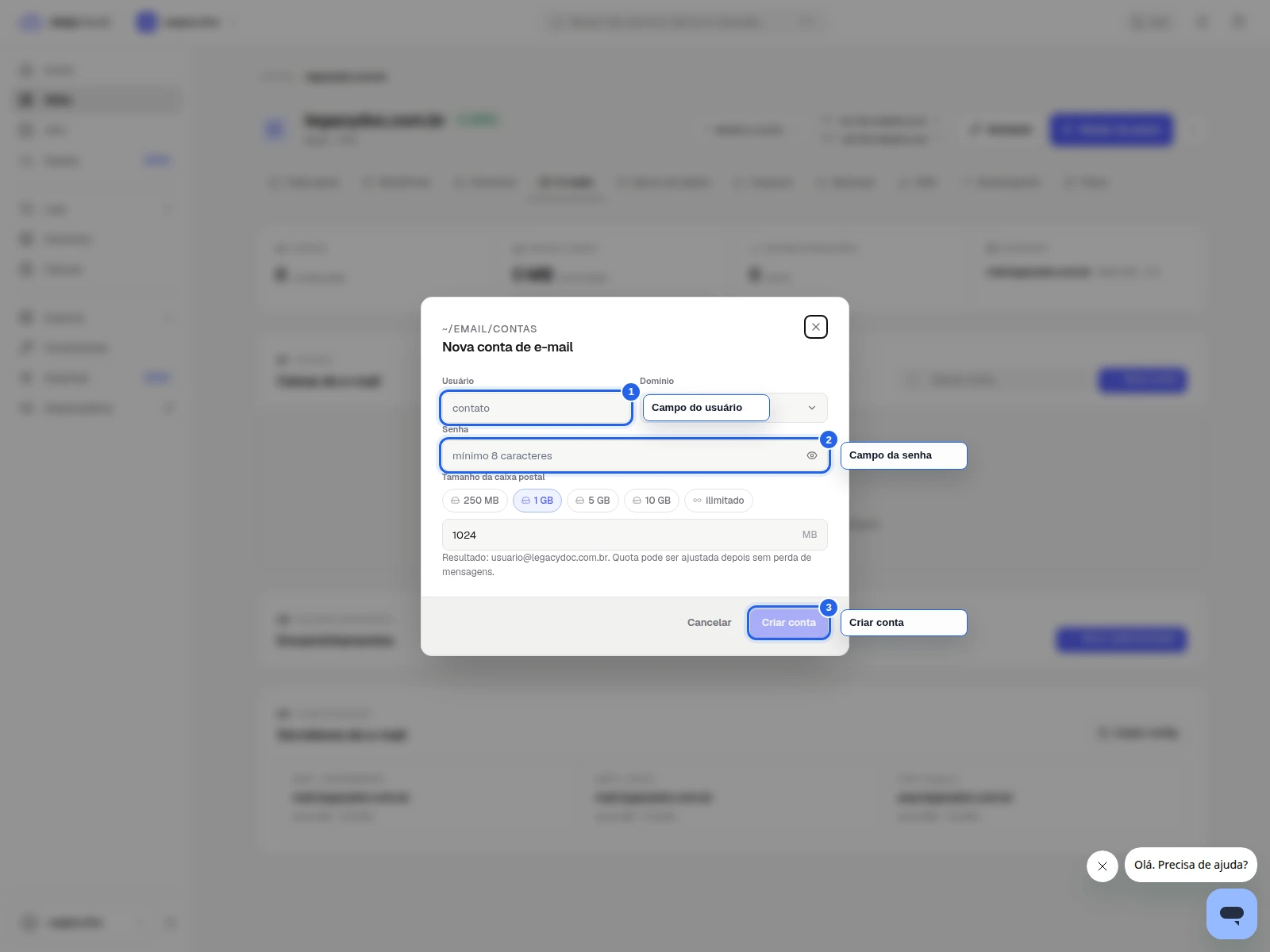 Como criar uma conta de e-mail no StayPanel: modal de nova conta aberto no painel