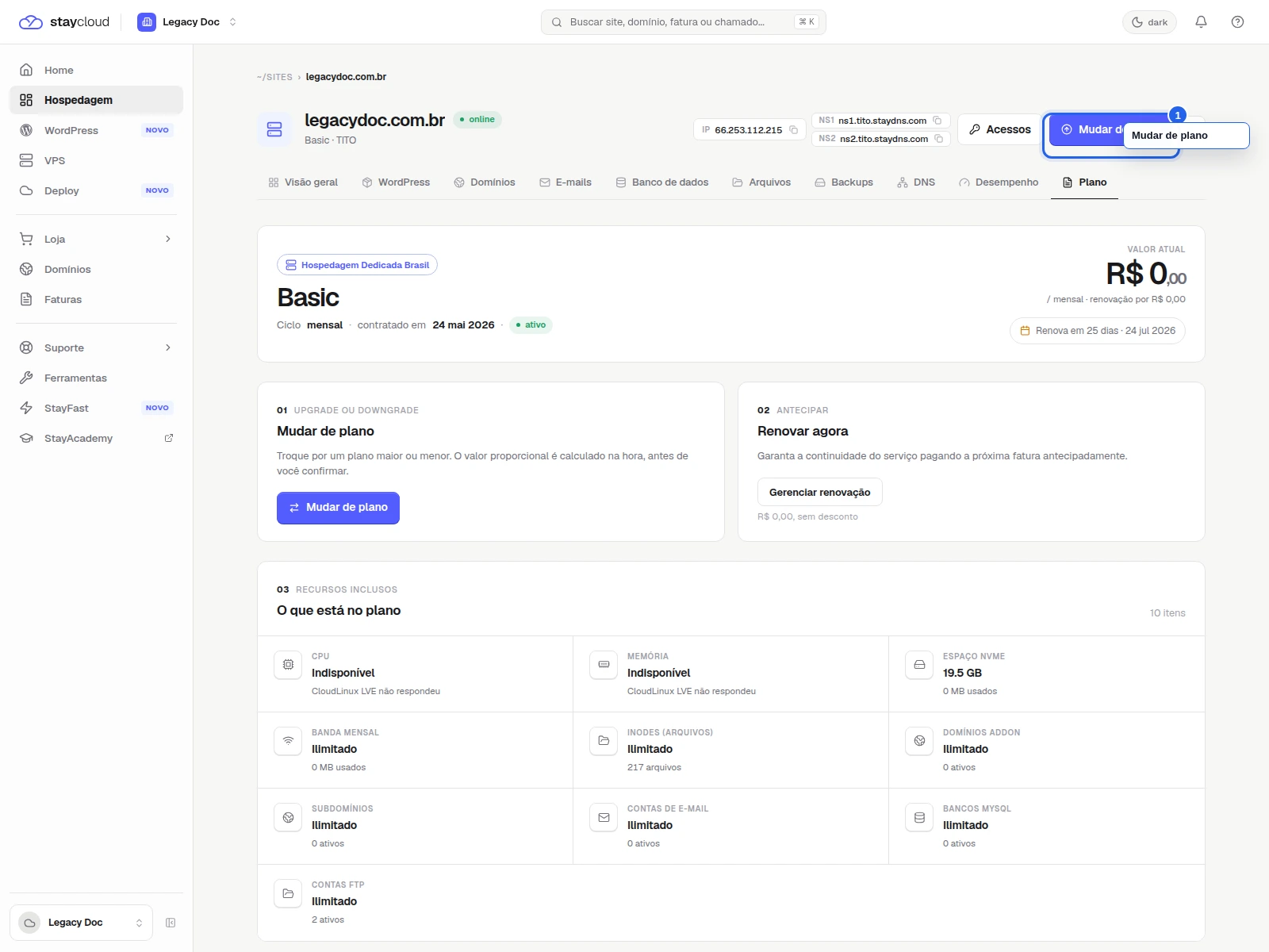 Como fazer upgrade/downgrade no StayPanel: tela Plano com a ação Mudar de plano destacada