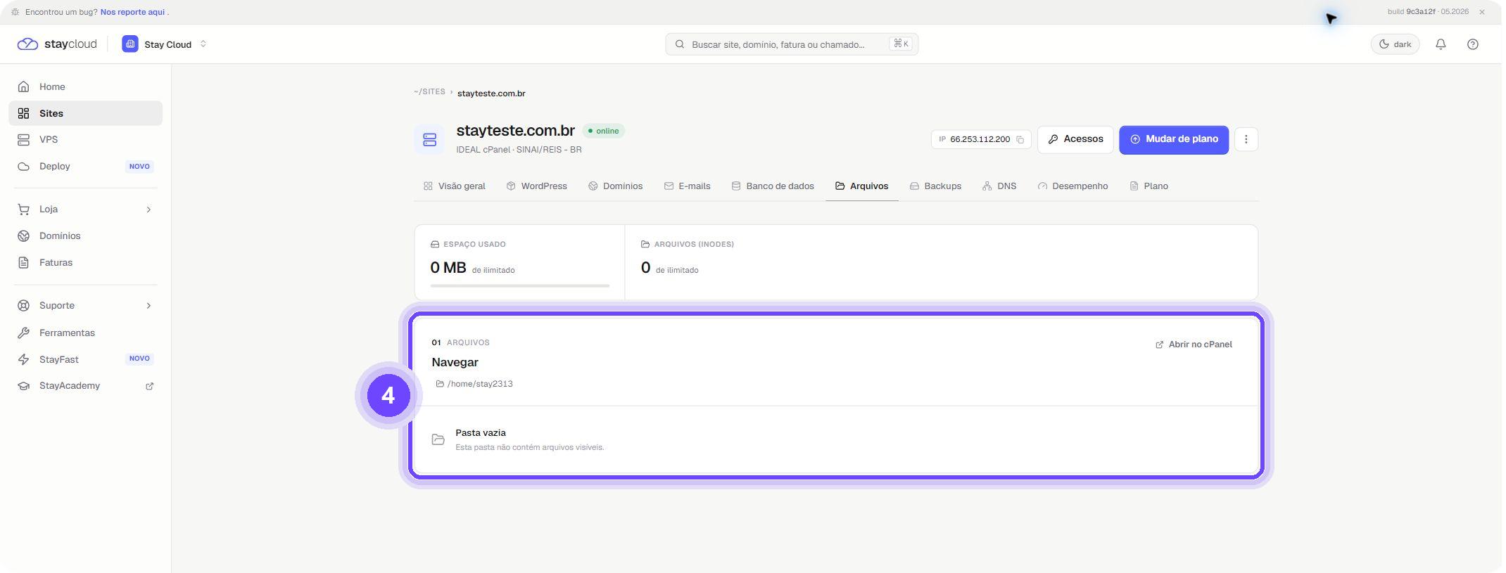 localizar arquivos StayCloud na seção Arquivos