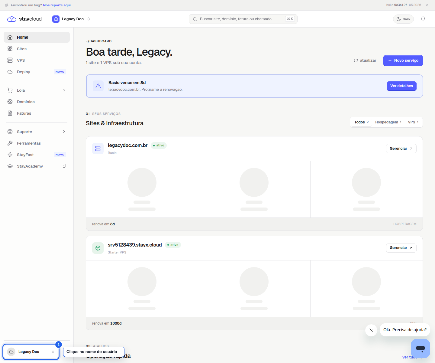 Como encontrar o PIN no novo painel da StayCloud: tela inicial com o nome do usuário destacado no canto inferior esquerdo