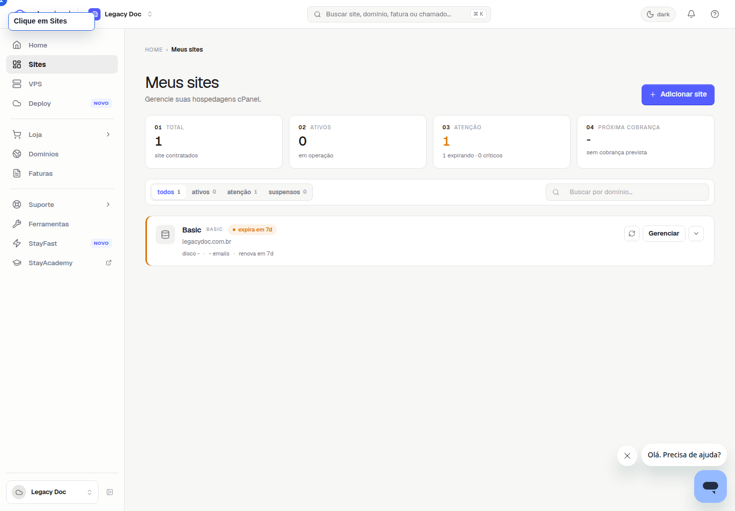 Como criar email no painel novo da StayCloud: painel do cliente com o menu Sites destacado