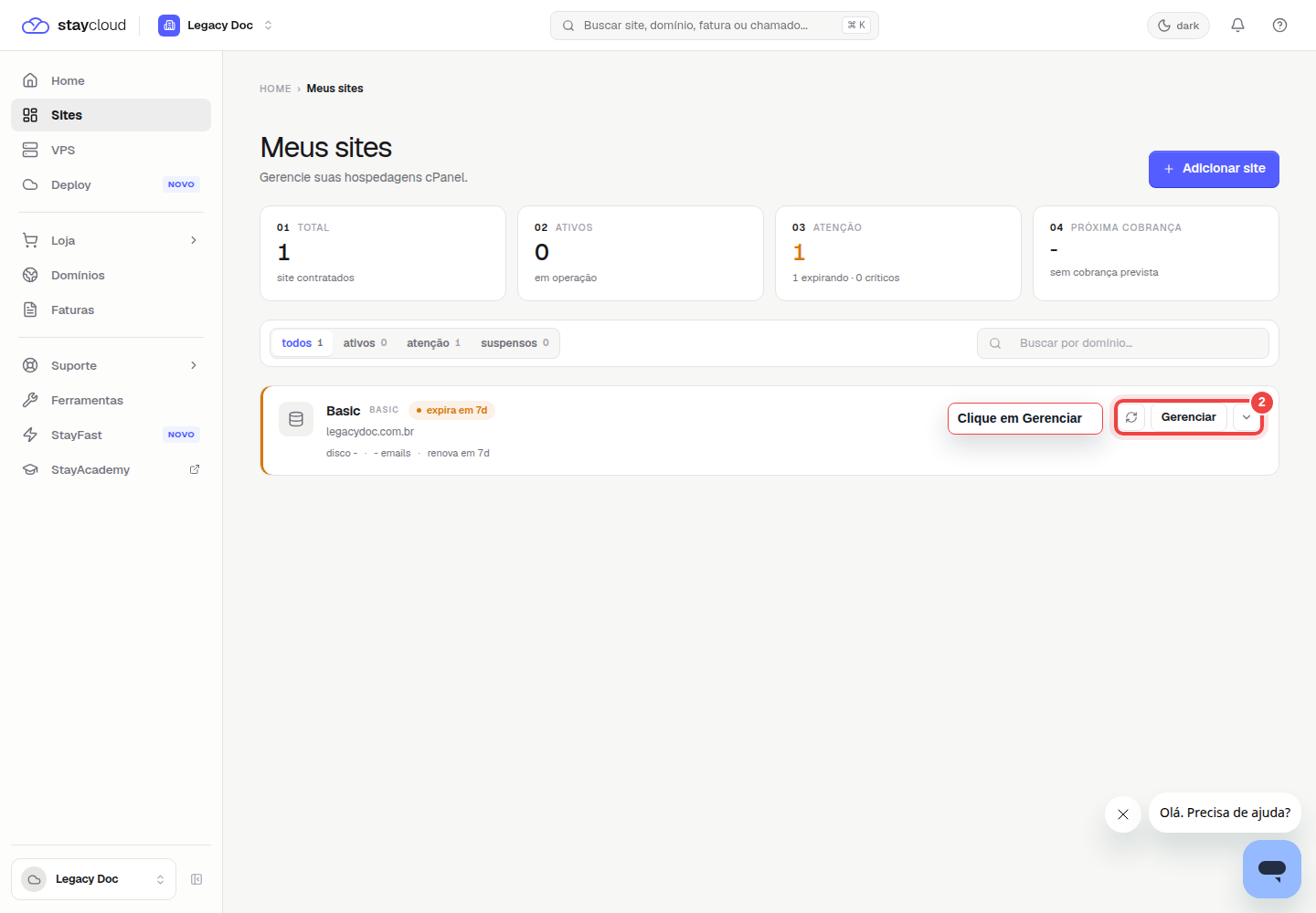 Como criar email no painel novo da StayCloud: tela Meus sites com o botão Gerenciar destacado