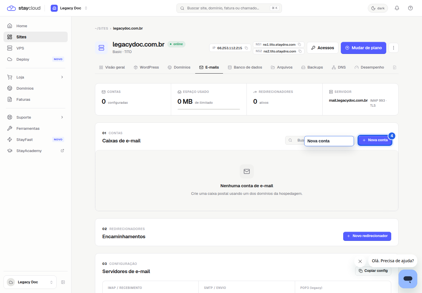 Como criar email no painel novo da StayCloud: botão Nova conta destacado na seção Caixas de e-mail