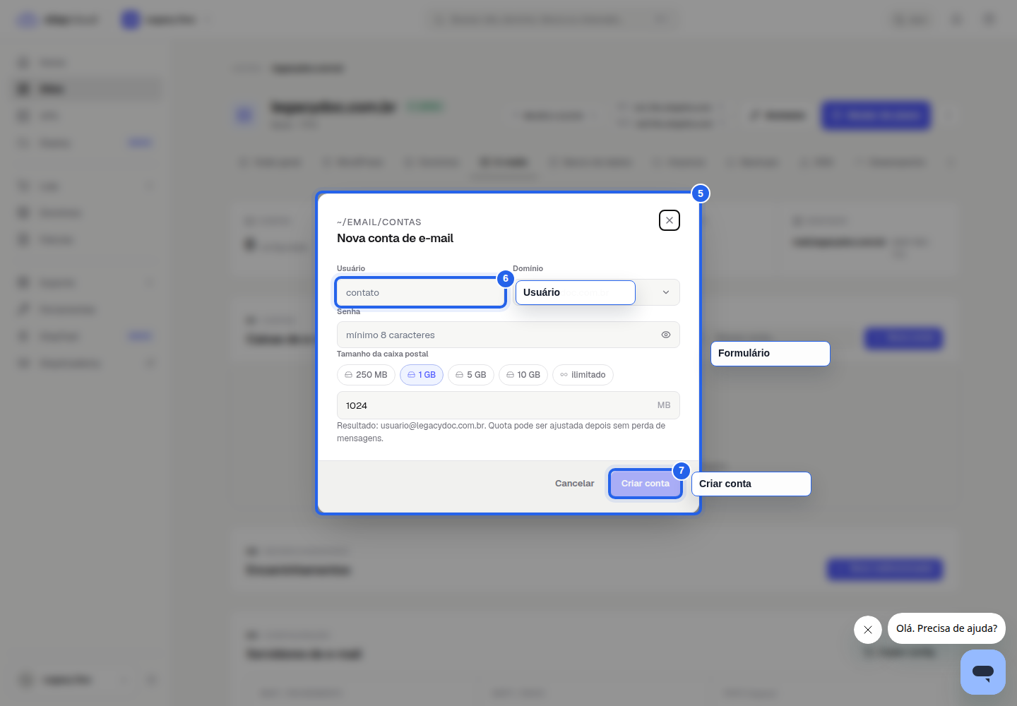Como criar email no painel novo da StayCloud: formulário de nova conta com os campos Usuário e Criar conta destacados