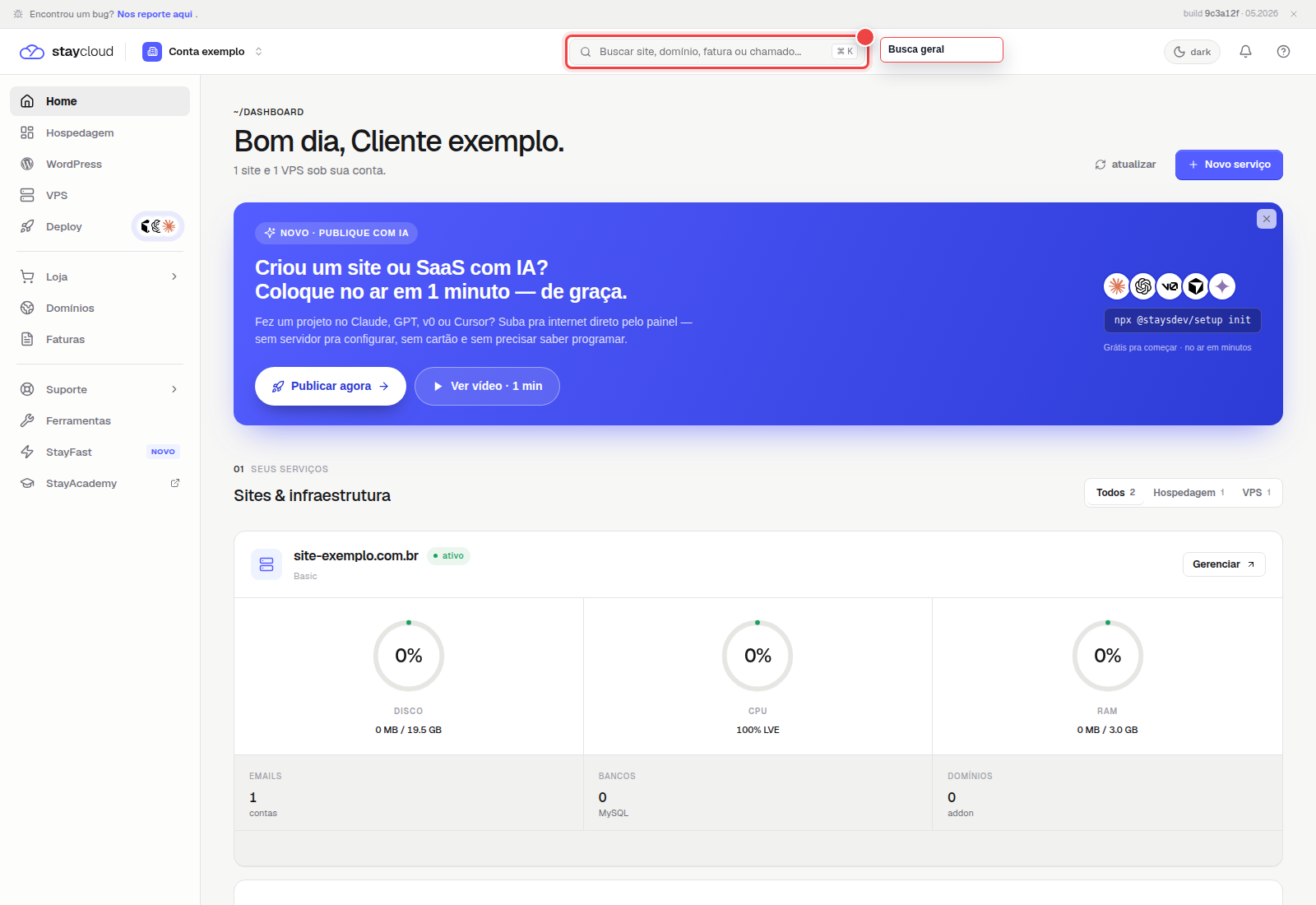 Busca do Painel Novo StayCloud destacada no topo da tela inicial