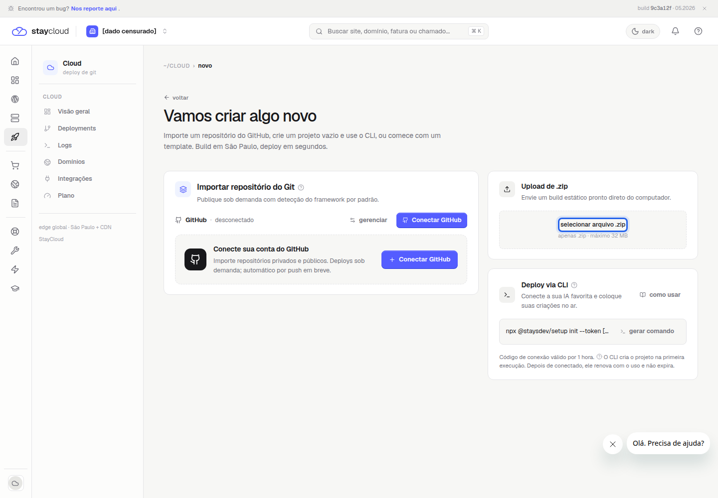 Primeiro deploy StayCloud pela opção Upload de zip no Painel Novo