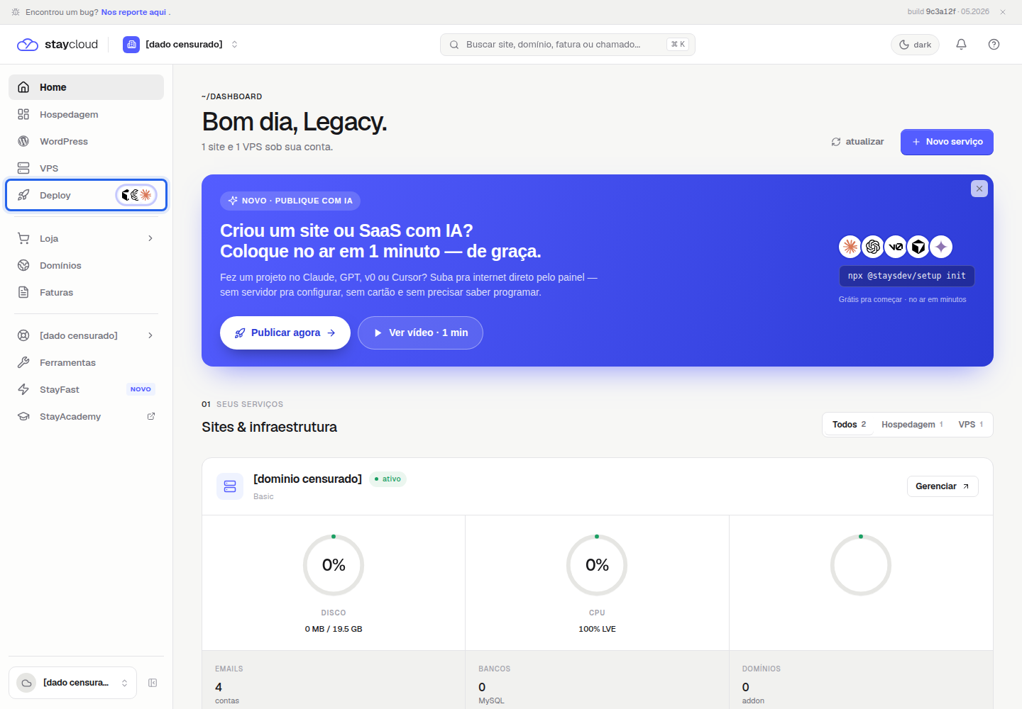 Menu Deploy para ativar Deploy StayCloud no Painel Novo