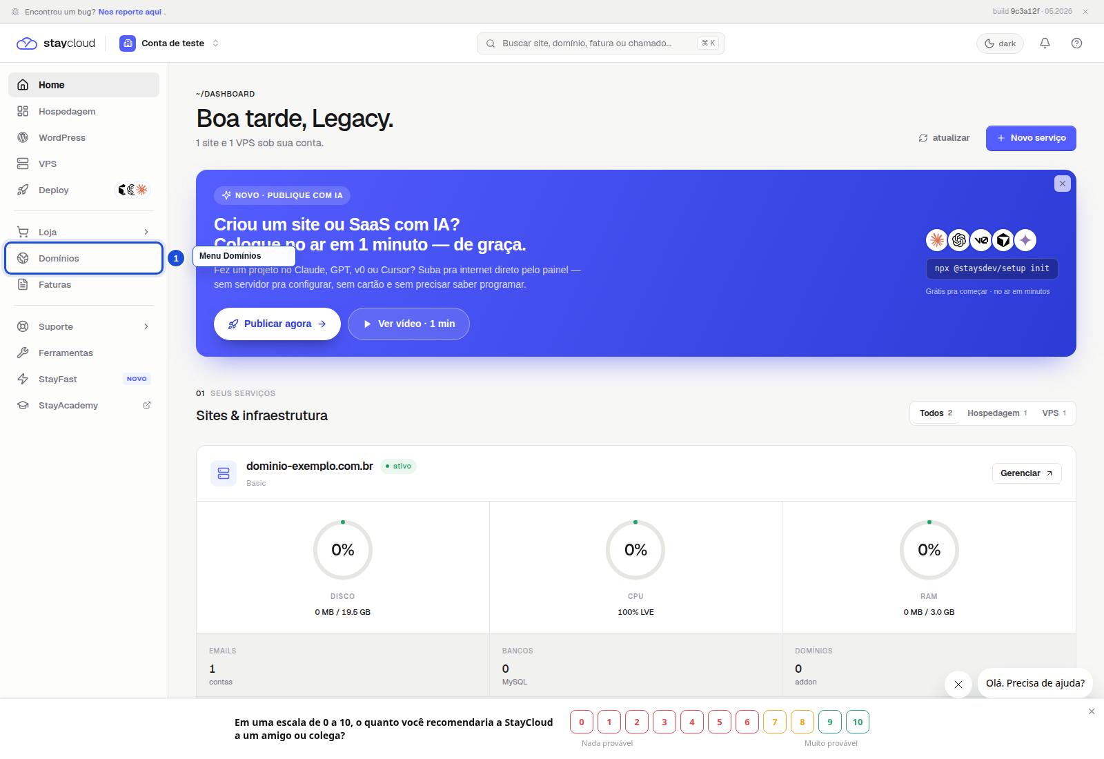 Menu Domínios destacado para buscar domínio no Painel Novo da StayCloud.