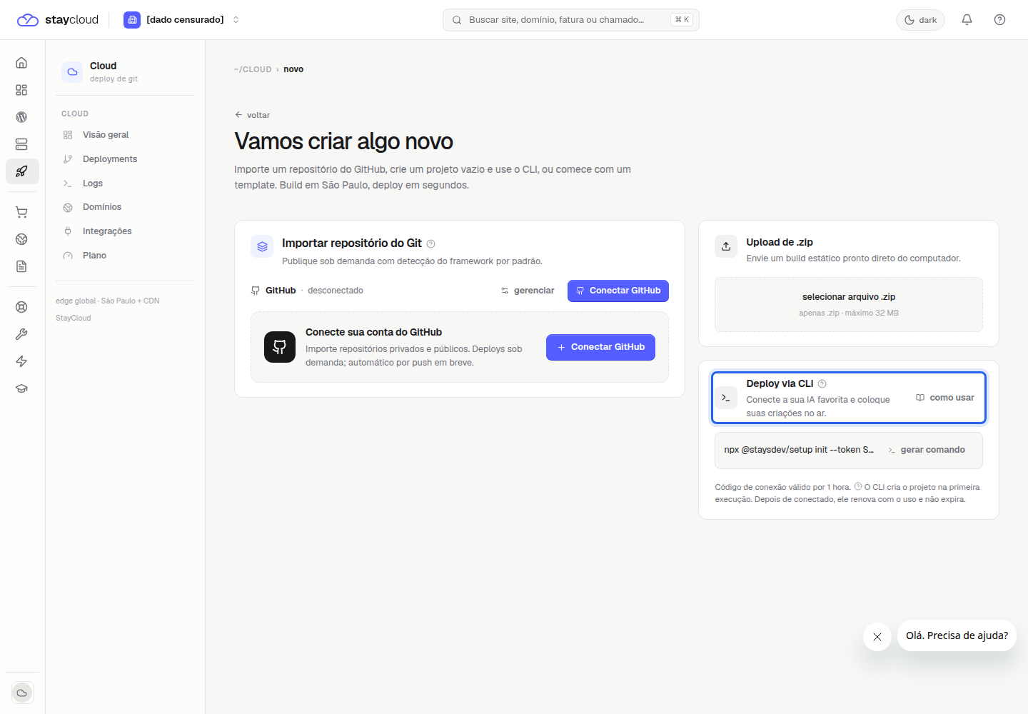 CLI Deploy StayCloud no card Deploy via CLI do Painel Novo