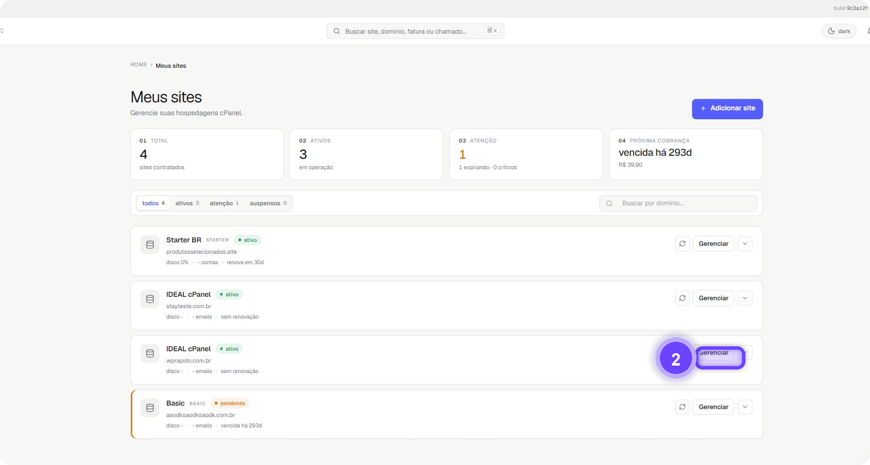 acessar phpMyAdmin StayCloud - botão Gerenciar destacado