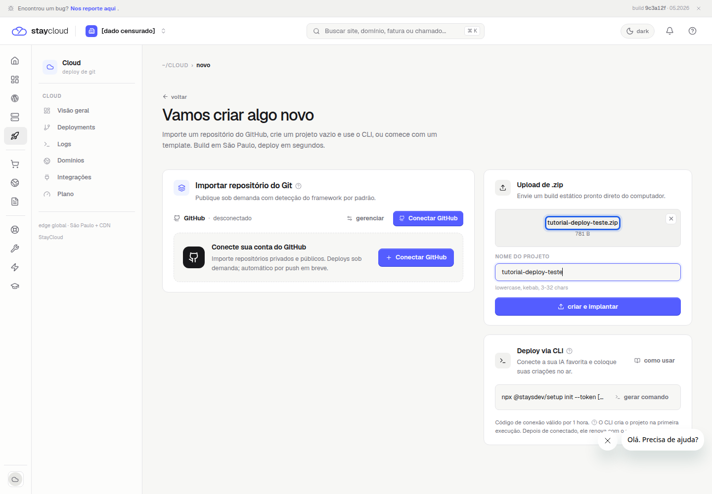 Arquivo zip selecionado para o primeiro deploy StayCloud