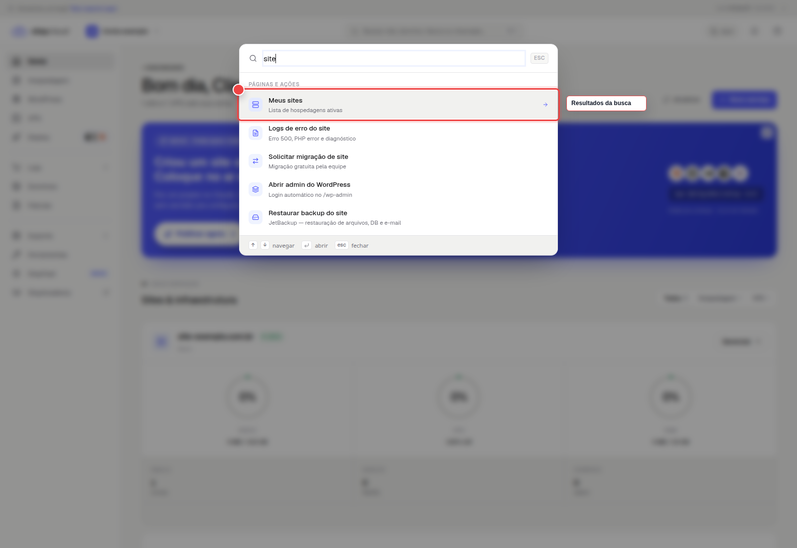 Resultados exibidos pela busca do Painel Novo StayCloud após digitar um termo