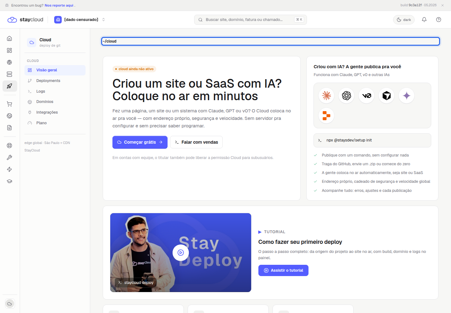 Tela Cloud do Deploy StayCloud no Painel Novo