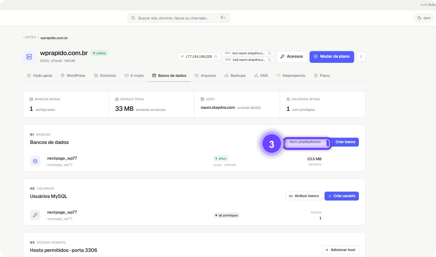 acessar phpMyAdmin StayCloud - botão Abrir phpMyAdmin destacado