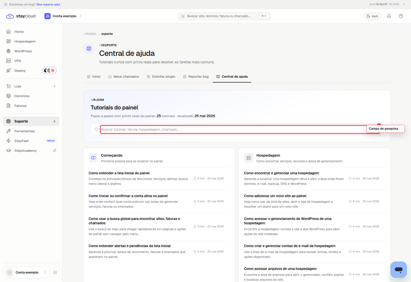 Central de Ajuda StayCloud aberta com o campo de pesquisa de tutoriais destacado.