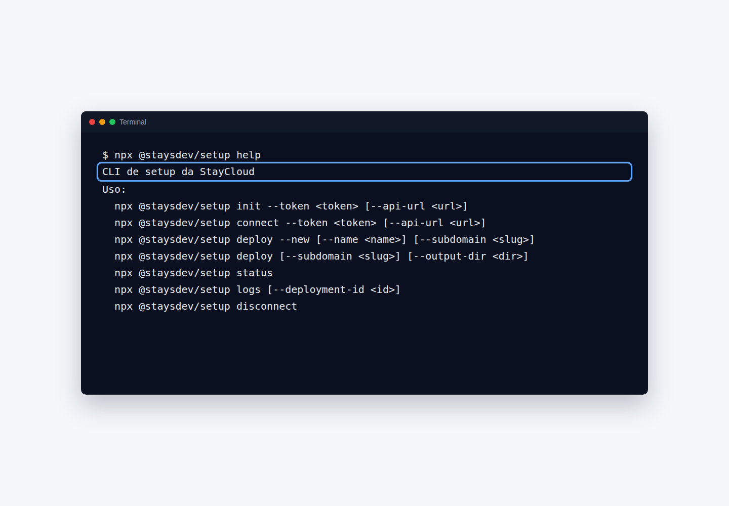 Comandos públicos da CLI Deploy StayCloud no terminal