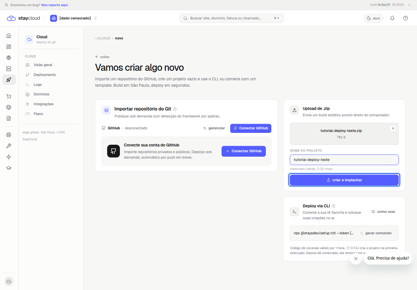 Botão criar e implantar para fazer o primeiro deploy StayCloud