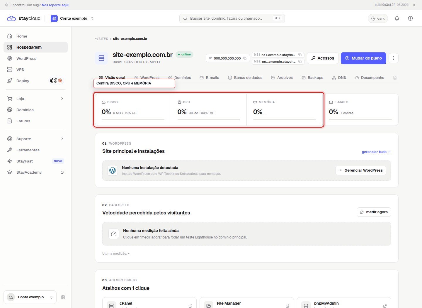 Indicadores de disco, CPU e memória no Painel Novo StayCloud.