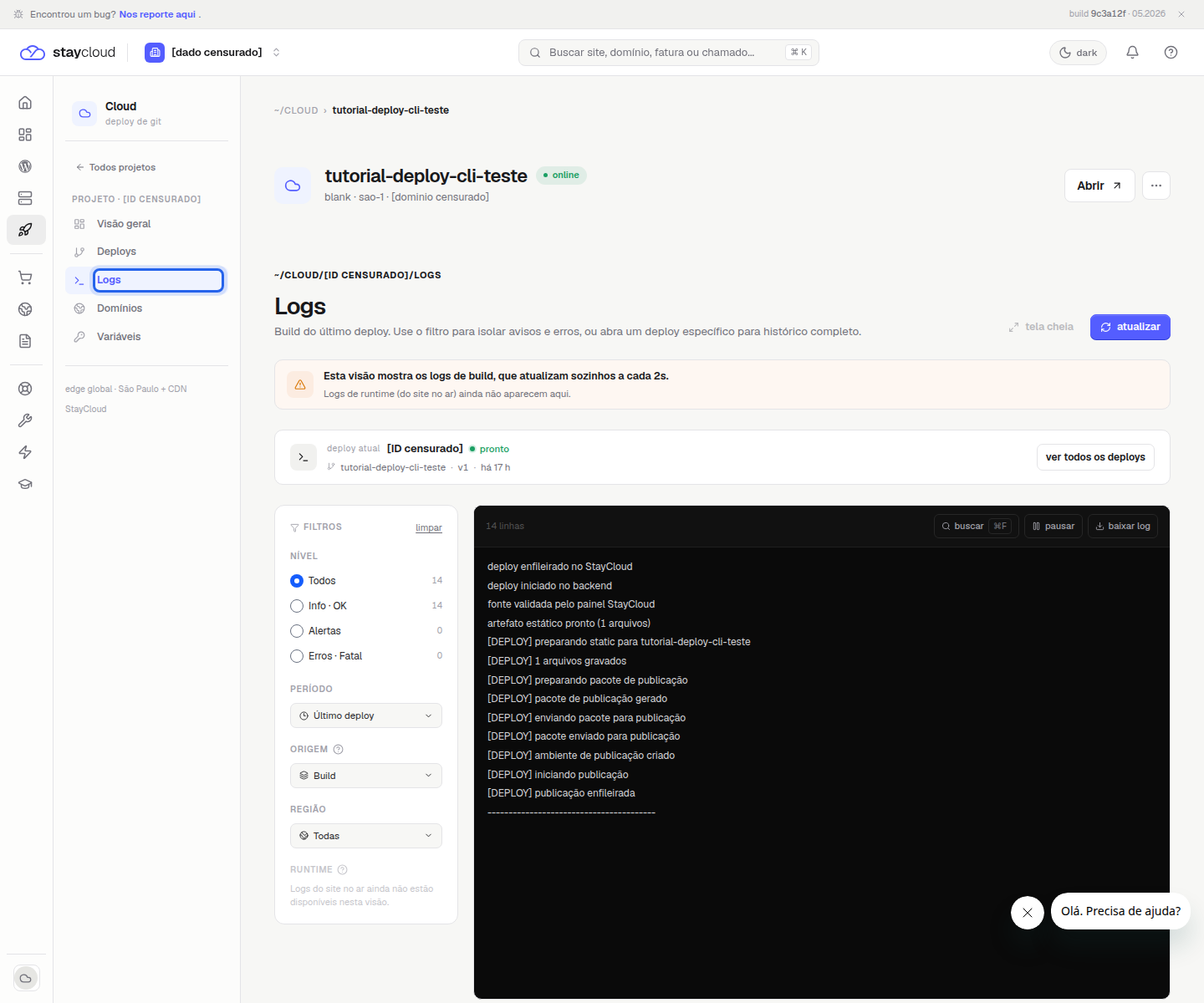 Aba Logs do Deploy StayCloud