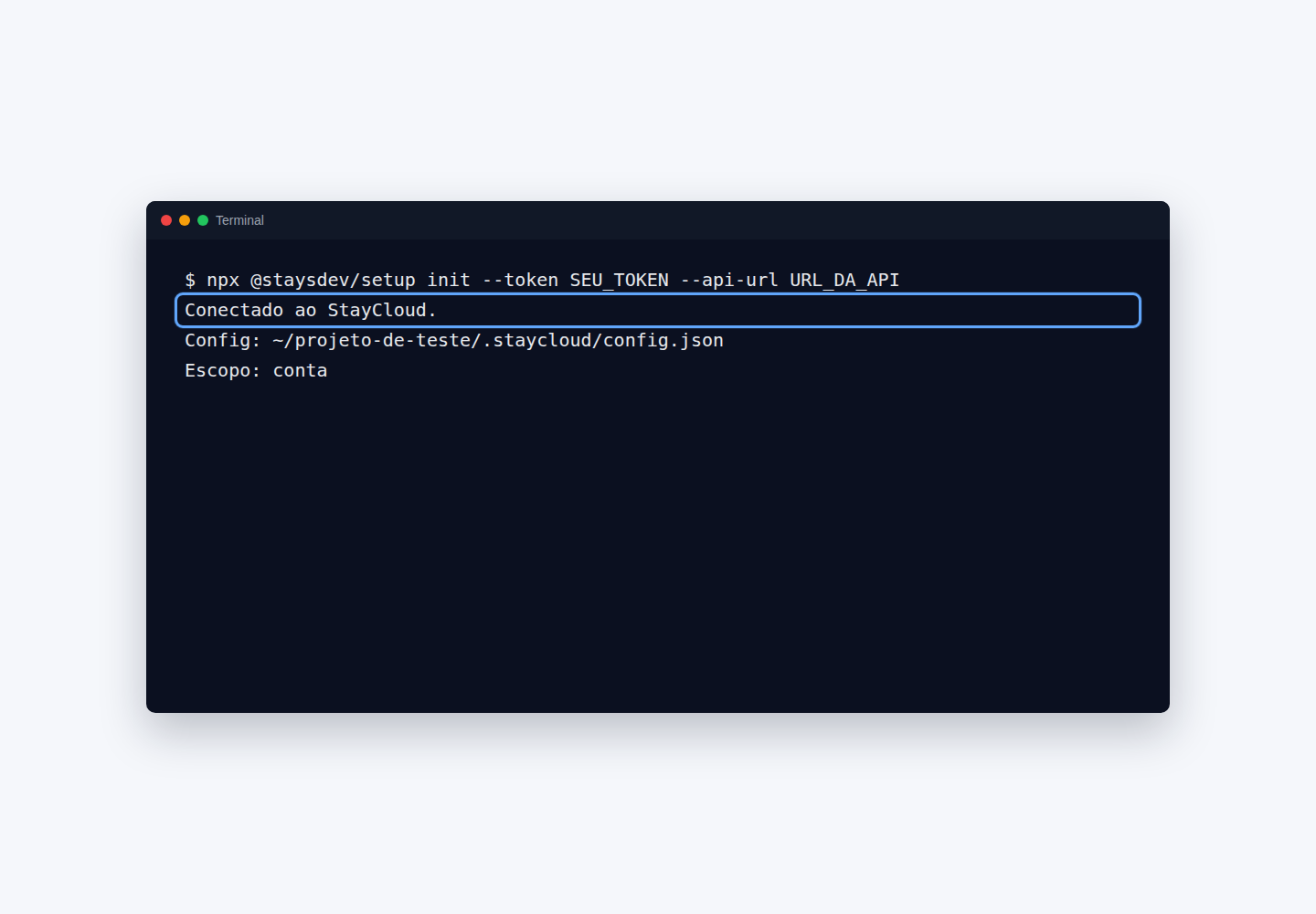 Conexão segura da CLI Deploy StayCloud no terminal