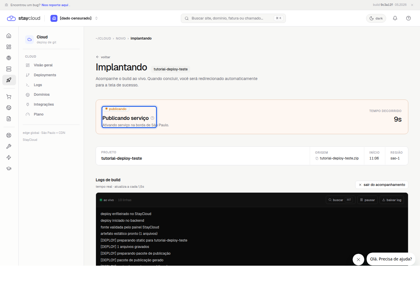 Status publicando durante o primeiro deploy StayCloud