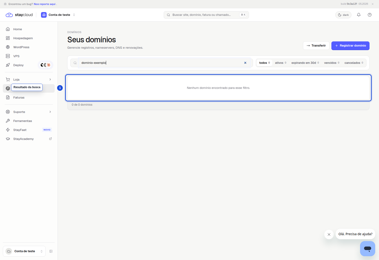 Resultado vazio ao buscar domínio no Painel Novo da StayCloud.