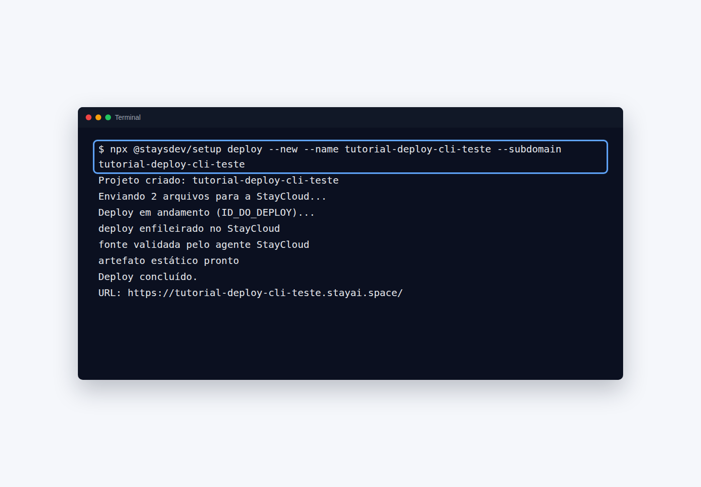 Comando de deploy pela CLI Deploy StayCloud