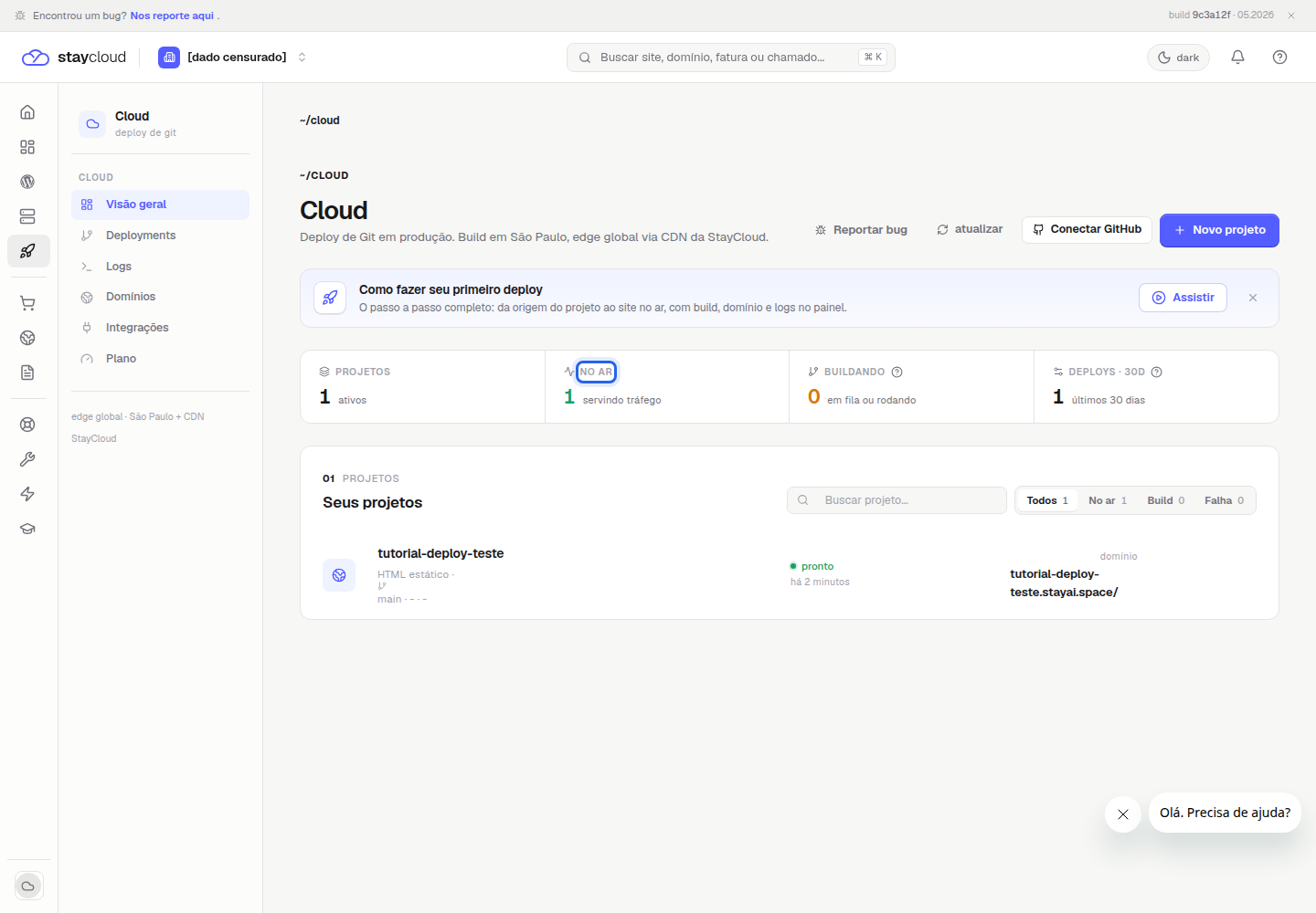 Projeto pronto e no ar depois do primeiro deploy StayCloud