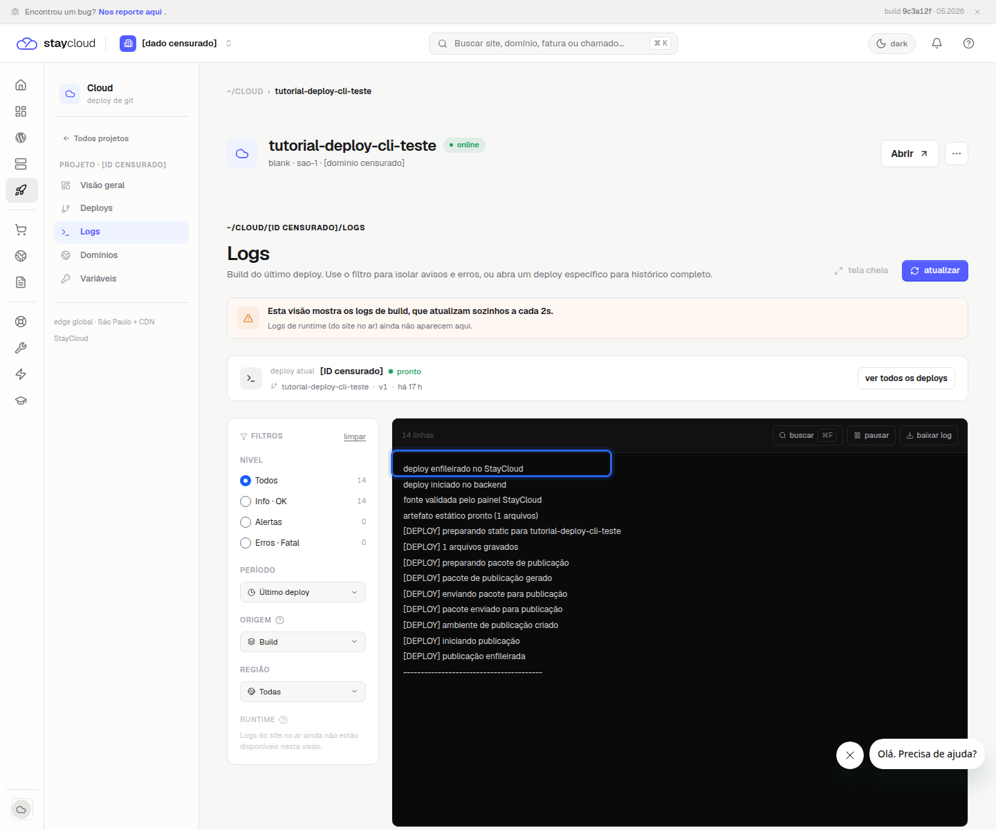 Linha segura de log do Deploy StayCloud