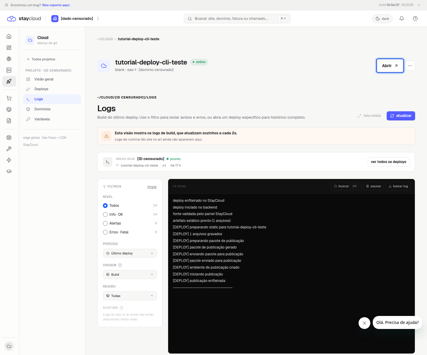 Botão Abrir para acessar aplicação publicada no Deploy StayCloud
