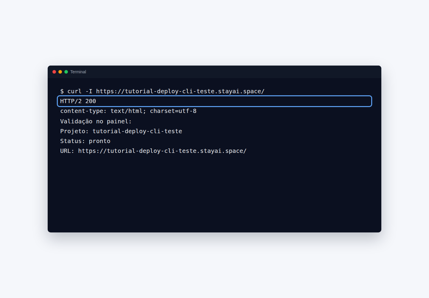 Resultado do deploy feito com a CLI Deploy StayCloud