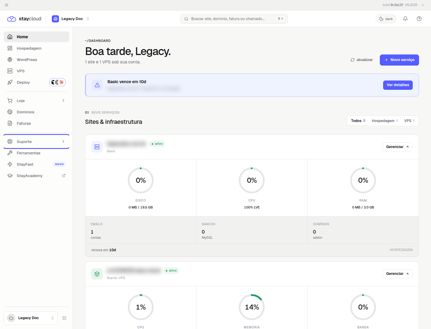 Menu Suporte para acompanhar chamados StayCloud no Painel Novo.
